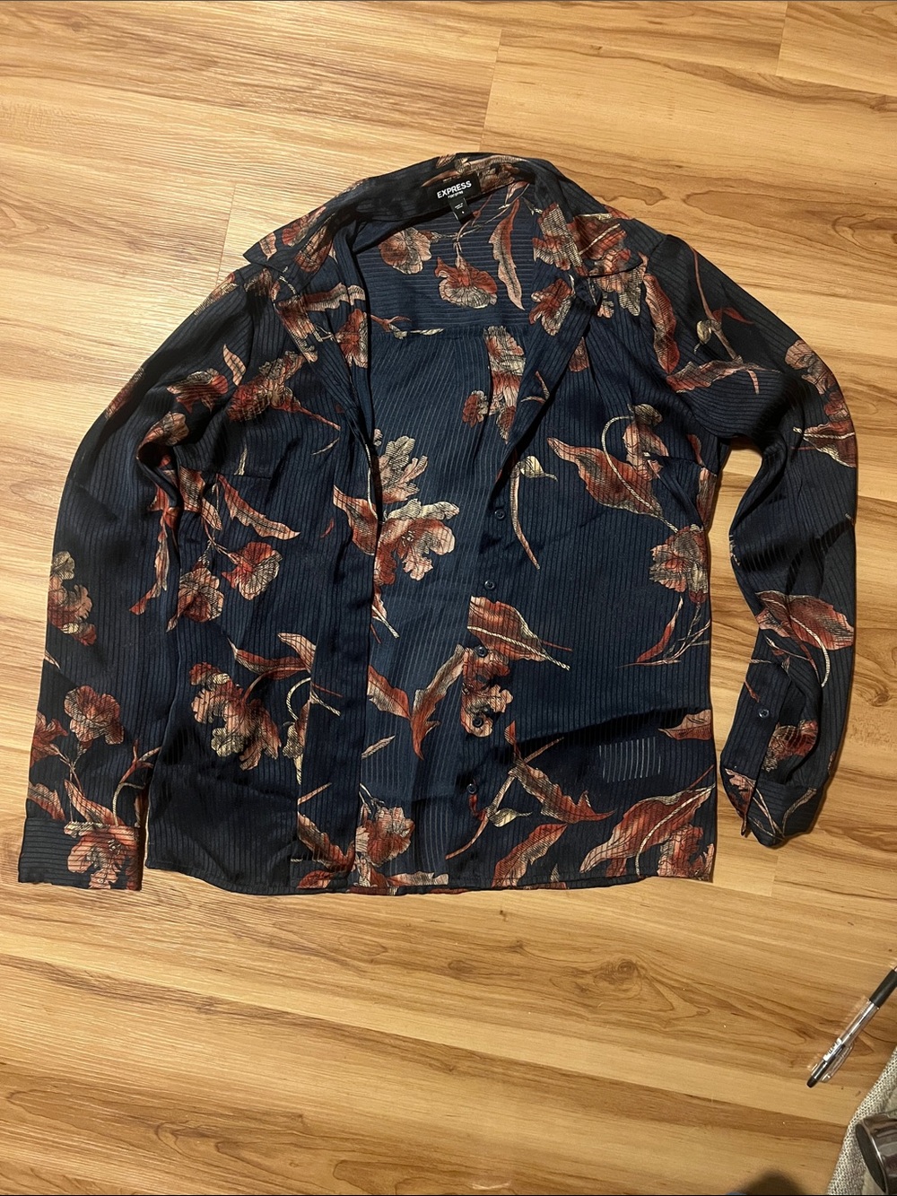 Express Navy Floral Blouse with Rust and Cream Accents